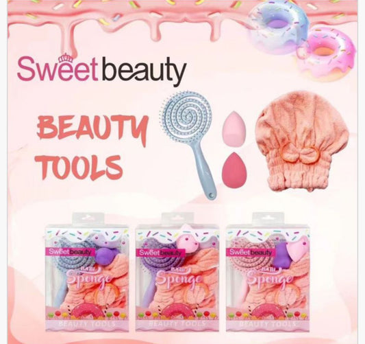 SWEET BEAUTY SET CURA DEI CAPELLI (spazzola, asciugamano capelli, due beauty blender)